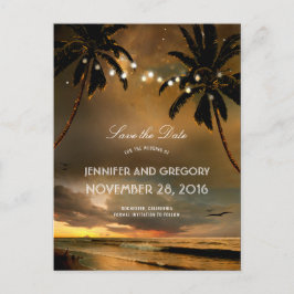 Beach Sunset Palms String Lights Save the Date Aankondigingskaart