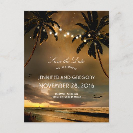 Beach Sunset Palms String Lights Save the Date Aankondigingskaart (Voorkant)