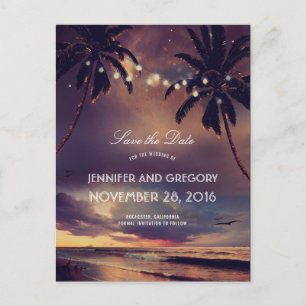 Beach Sunset Palms String Lights Save the Date Aankondigingskaart