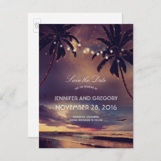 Beach Sunset Palms String Lights Save the Date Aankondigingskaart (Voorkant / Achterkant)