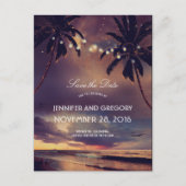Beach Sunset Palms String Lights Save the Date Aankondigingskaart (Voorkant)