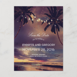 Beach Sunset Palms String Lights Save the Date Aankondigingskaart