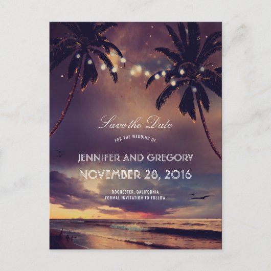 Beach Sunset Palms String Lights Save the Date Aankondigingskaart (Voorkant)