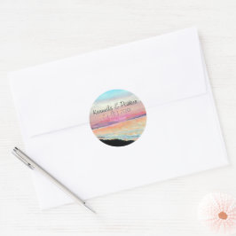 Beach Sunset Pastel Weddenschap Save the Date Ronde Sticker
