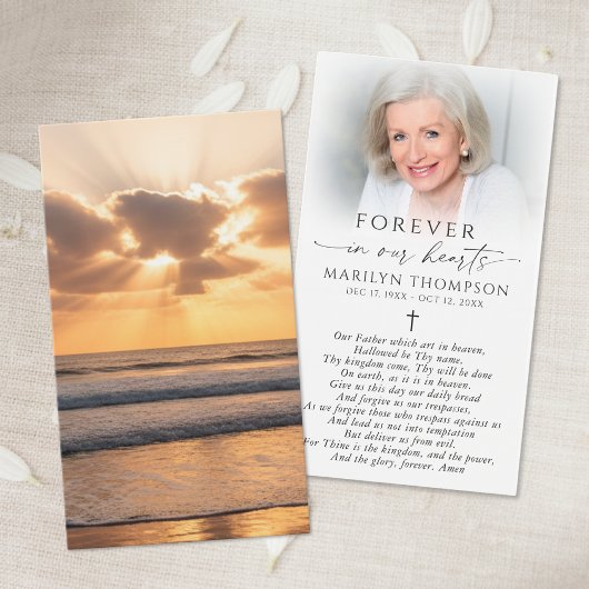 Beach Sunset Photo Cross Funeral Prayer Card Visitekaartje