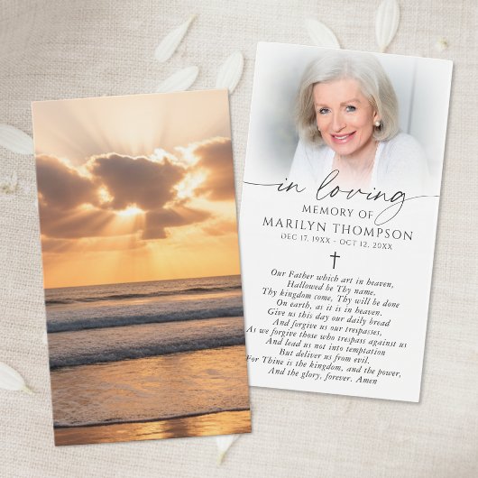 Beach Sunset Photo Cross Memorial Prayer Card Visitekaartje