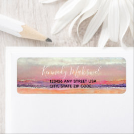 Beach Sunset Pink Blue Art Etiket