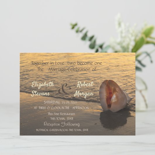 Beach Sunset Seashell Wedding Kaart (Staand voorkant)