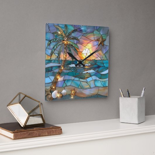 Beach Sunset Stained Glass Wall Clock Vierkante Klok (Kantoor)