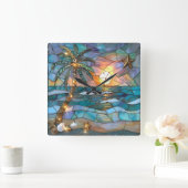 Beach Sunset Stained Glass Wall Clock Vierkante Klok (Huis)