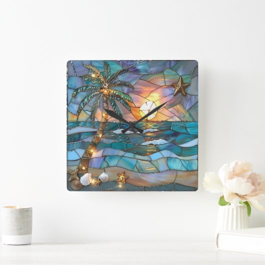Beach Sunset Stained Glass Wall Clock Vierkante Klok (Huis)
