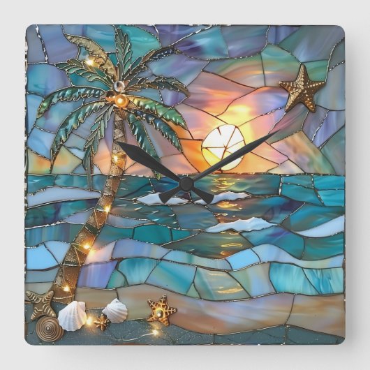 Beach Sunset Stained Glass Wall Clock Vierkante Klok (Voorkant)
