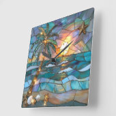 Beach Sunset Stained Glass Wall Clock Vierkante Klok (Hoek)