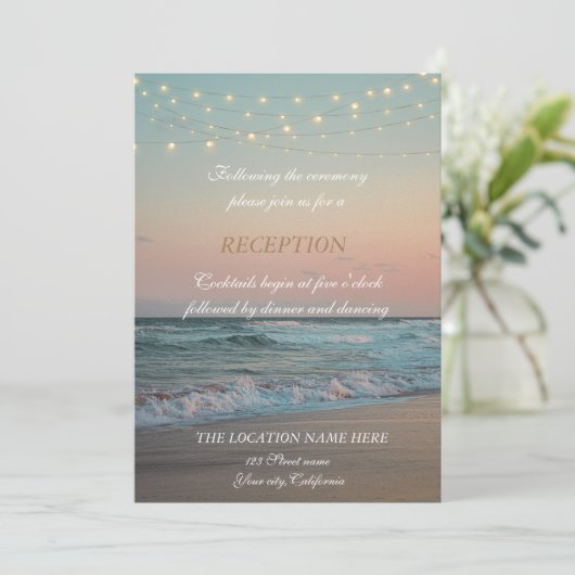 Beach Sunset, String Lights Script Reception Kaart (Staand voorkant)