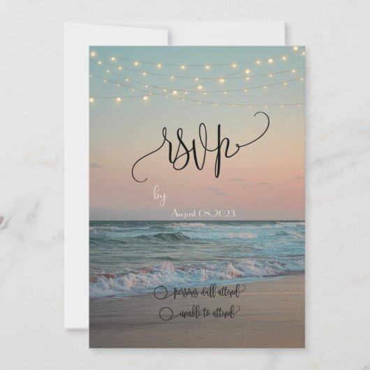 Beach Sunset, String Lights Script RSVP Kaart (Voorkant)