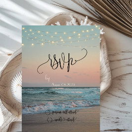 Beach Sunset, String Lights Script RSVP Kaart