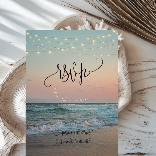 Beach Sunset, String Lights Script RSVP Kaart