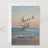 Beach Sunset, String Lights Script Save the Date (Voorkant)