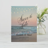Beach Sunset, String Lights Script Save the Date (Staand voorkant)