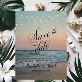 Beach Sunset, String Lights Script Save the Date