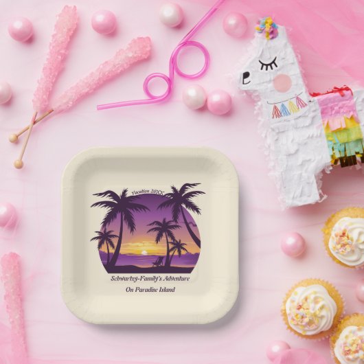 Beach Sunset Vacation lounger peach paars Papieren Bordje (Feest)