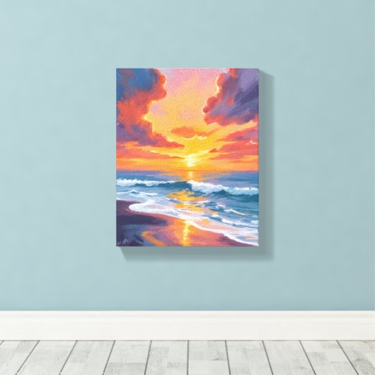 Beach Sunset Watercolor Ocean Painting Canvas Afdruk (Insitu (Houten vloer))