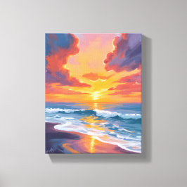 Beach Sunset Watercolor Ocean Painting Canvas Afdruk