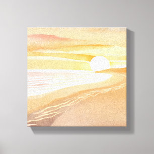 Beach Sunset Waterverf   Mooi geel Canvas Afdruk