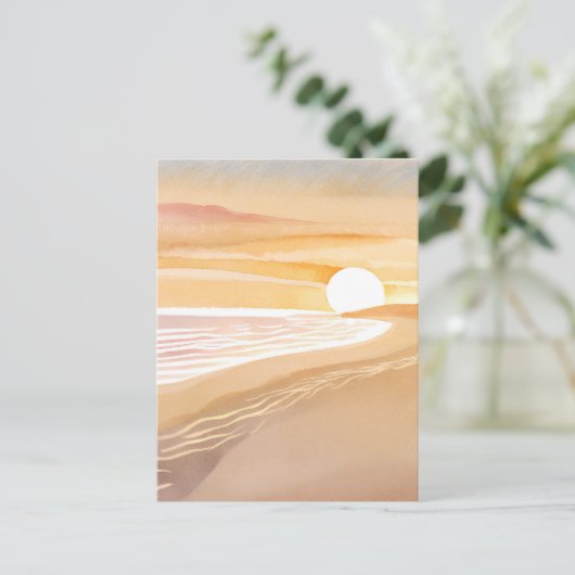 Beach Sunset Waterverf | Mooie gele vakantie Briefkaart (Staand voorkant)