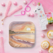 Beach Sunset Waterverf | Prachtig oceaanschilderij Papieren Bordje (Feest)
