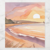 Beach Sunset Waterverf | Prachtig oceaanschilderij Wijn Etiket (Enkel label)