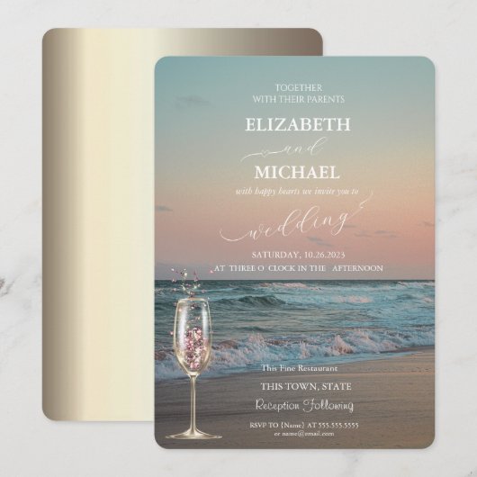 Beach Sunset, Waves, Champagne Glass Script Wedden Kaart (Voorkant / Achterkant)
