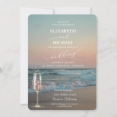 Beach Sunset, Waves, Champagne Glass Script Wedden Kaart (Voorkant)