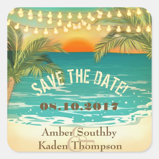 Beach Sunset Weddenschap Save the Date Vierkante Sticker (Voorkant)