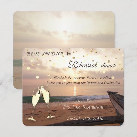 Beach Sunset Wedding, Glasses Rehearsal Dinner Car Kaart (Voorkant / Achterkant)