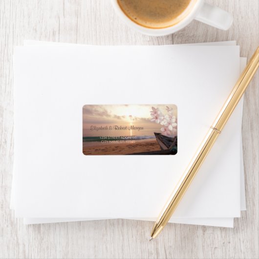 Beach Sunset Wedding, Plumeria Label (Insitu)