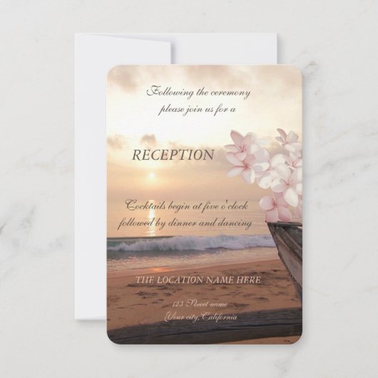 Beach Sunset Wedding, Plumeria Reception Kaart (Voorkant)