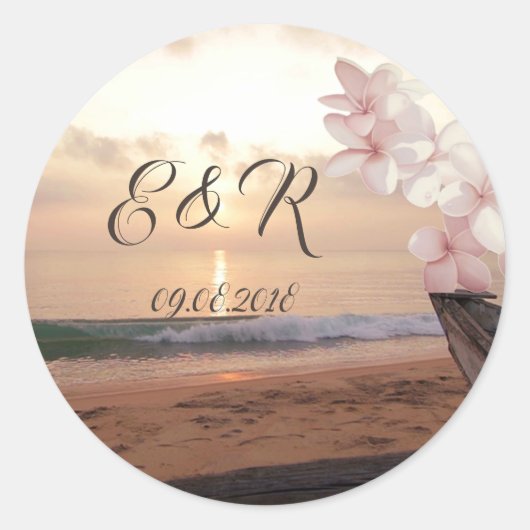 Beach Sunset Wedding Plumeria Ronde Sticker (Voorkant)