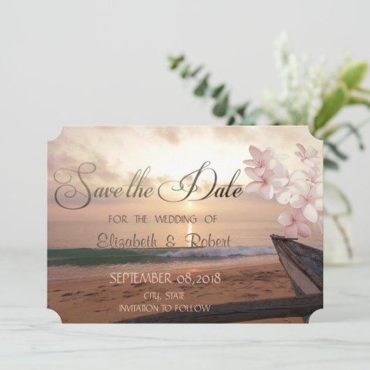 Beach Sunset Wedding, Plumeria Save the Date (Staand voorkant)