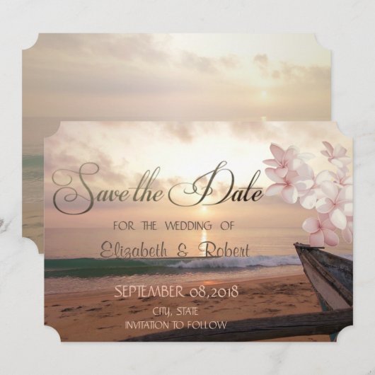 Beach Sunset Wedding, Plumeria Save the Date (Voorkant / Achterkant)