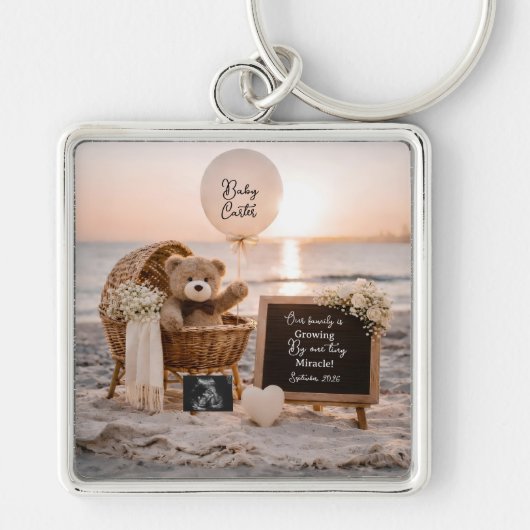 beach sunset zwangerschapsaankondiging teddy aande sleutelhanger (Voorkant)