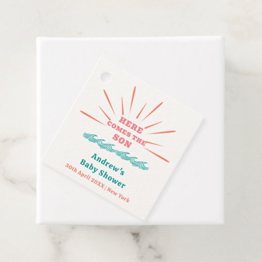 Beach Sunshine Hier komt het Son Baby shower Bedankjes Labels (In situ)