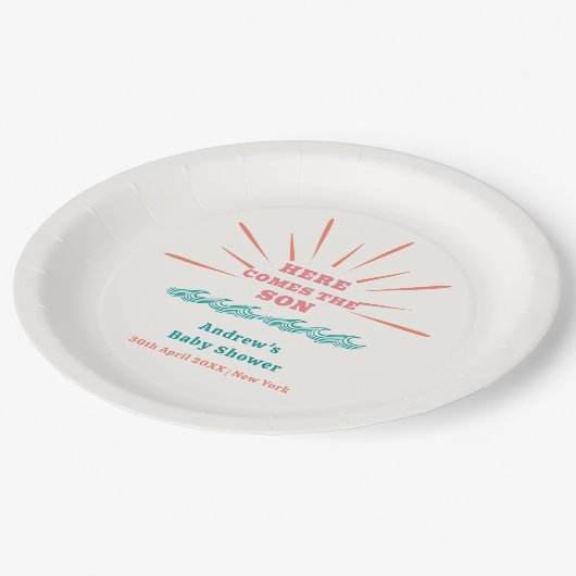 Beach Sunshine Hier komt het Son Baby shower Papieren Bordje (Gekanteld)