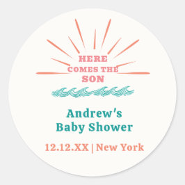 Beach Sunshine Hier komt het Son Baby shower Ronde Sticker