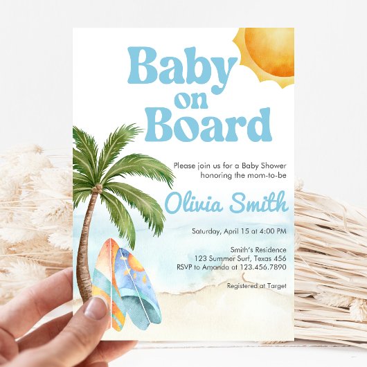 Beach Surf Baby on Board Baby Shower Kaart