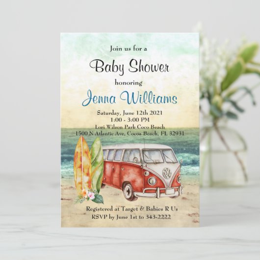Beach Surf Surfboard Baby Boy Shower Invitation Kaart (Staand voorkant)