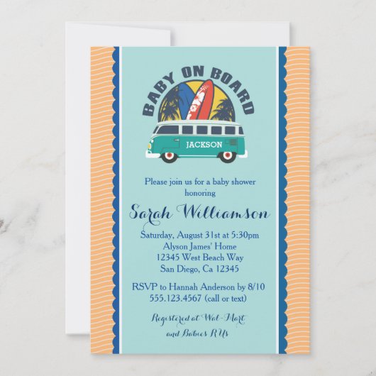 Beach Surf Surfboard Baby Boy Shower Invitation Kaart (Voorkant)
