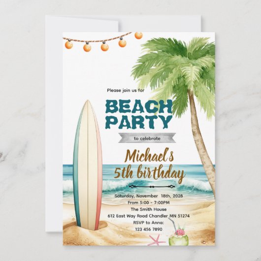 Beach surf theme invitation kaart (Voorkant)
