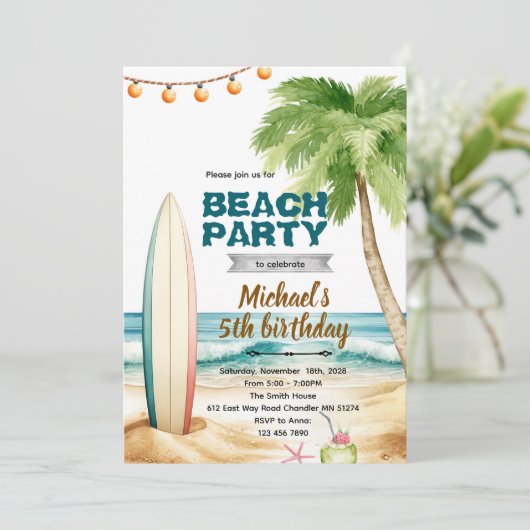 Beach surf theme invitation kaart (Staand voorkant)