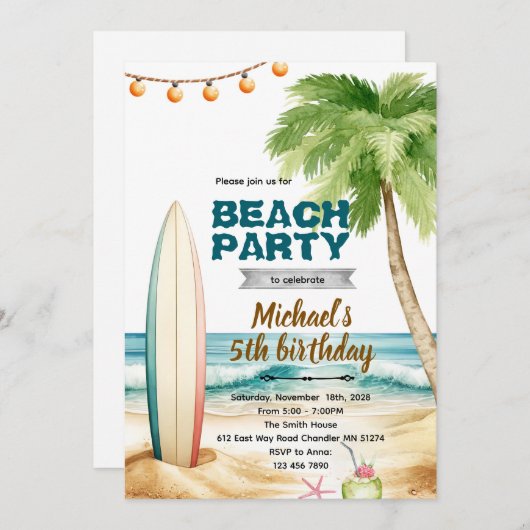 Beach surf theme invitation kaart (Voorkant / Achterkant)